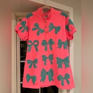 Queen of Sparkles pink dress with blue bows